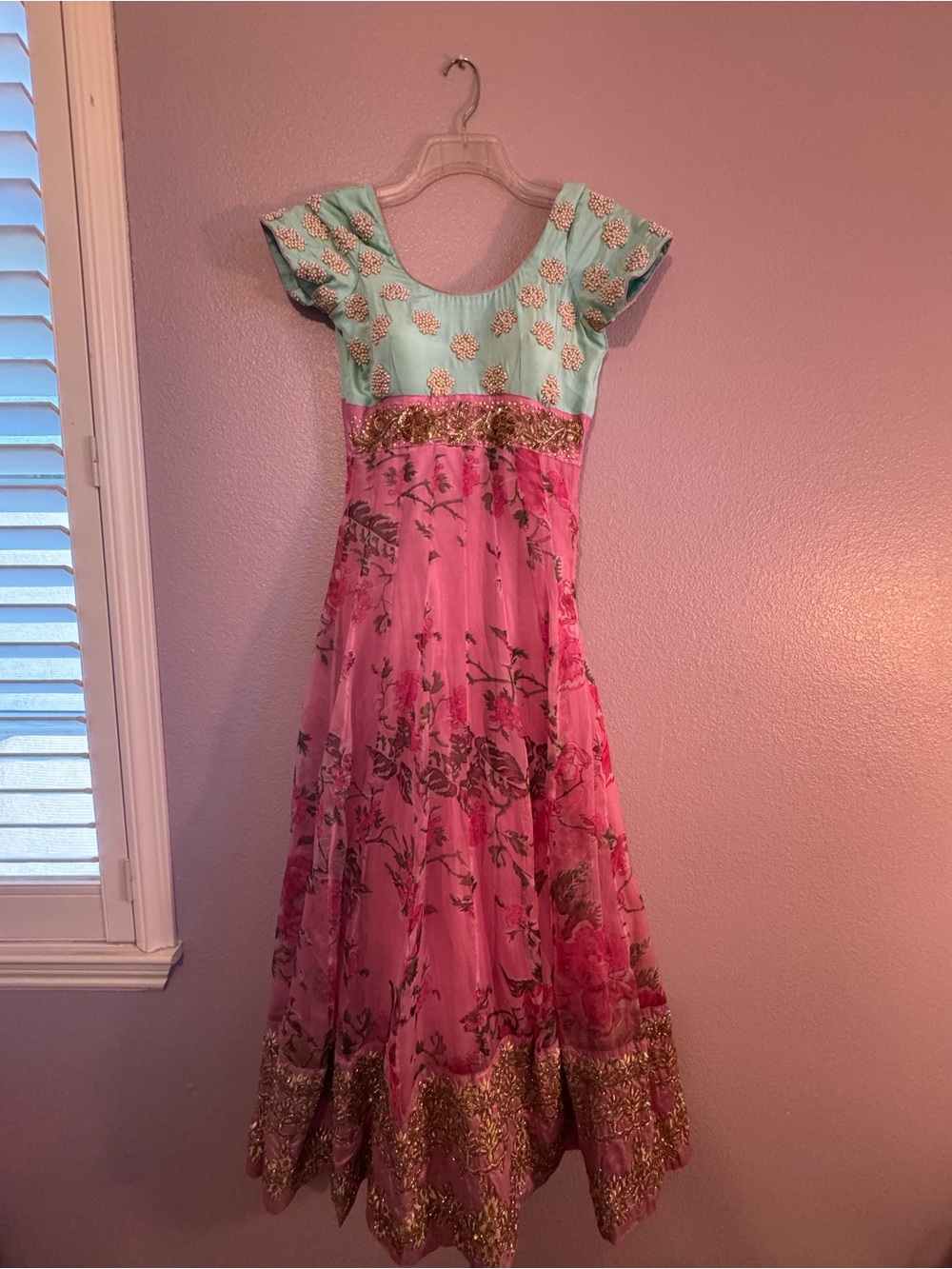 Indian Punjabi Pink and Aqua Floral Anarkali Dress with Gold Embellishment Gown